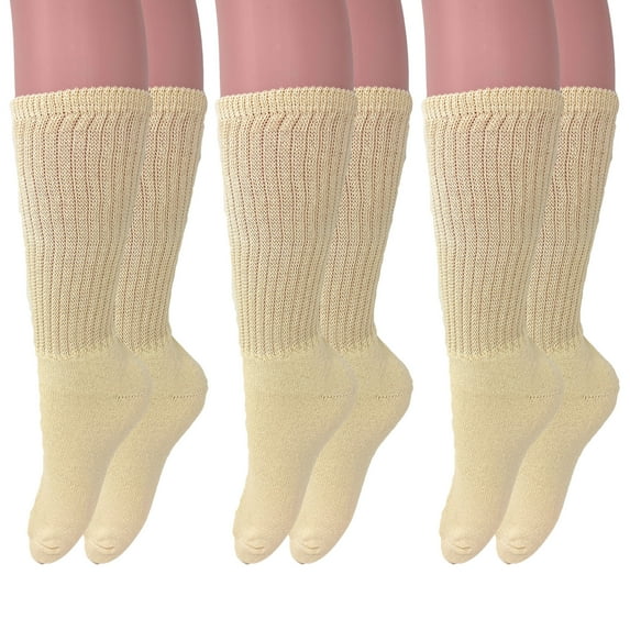 Long Cotton Cushion Crew Socks 3 Pairs Ecru Casual Socks Size 9-11