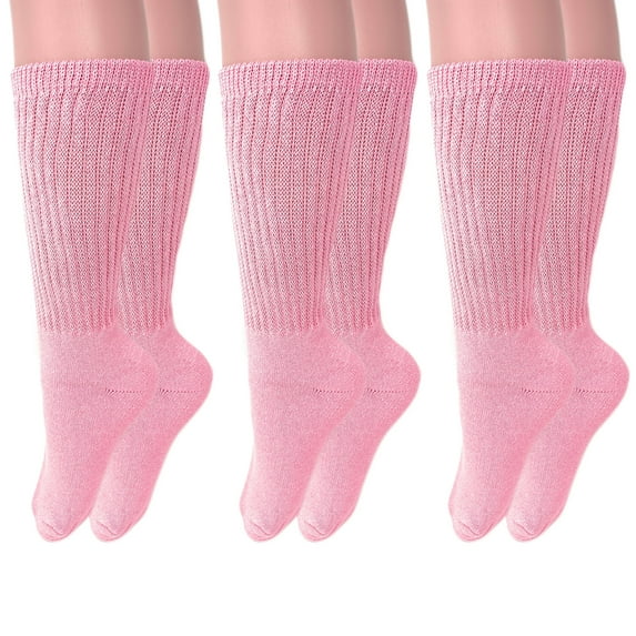 Long Cotton Cushion Crew Socks 3 Pairs Pink Casual Socks Size 9-11