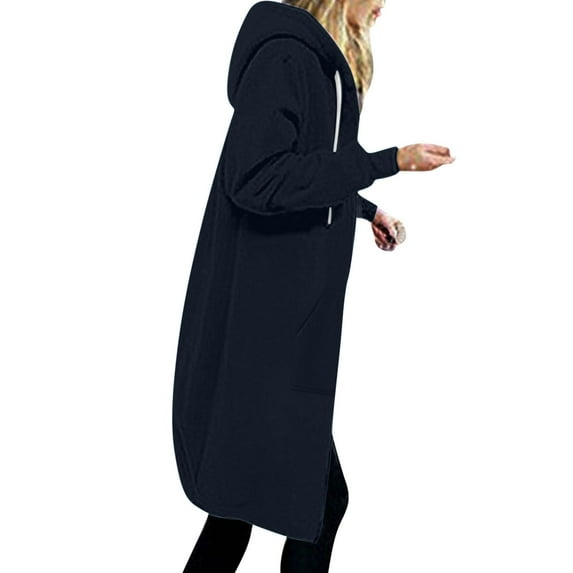 Long Cotton Hoodies for Women Zip Up,Zip Up Hoodies Women's Casual Long Tunic Sweatshirt Fall Winter Windproof Drawstring Hooded Jacket Outerwear with Pockets