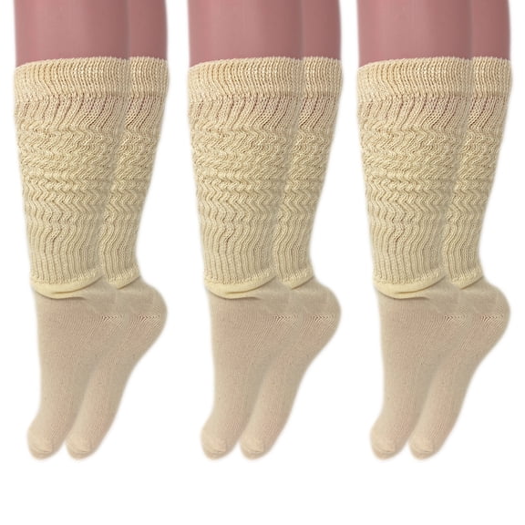 Long Cotton Lightweight Slouch Socks 3 PAIRS Ecru Boot Socks Size 9-11