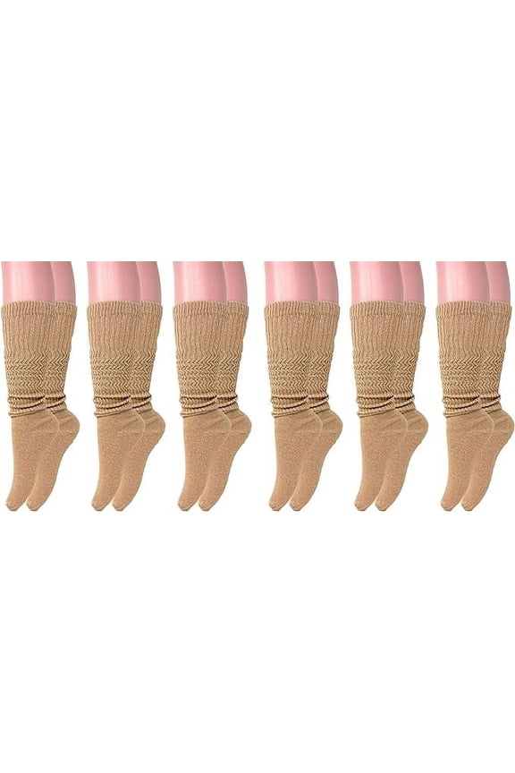 Long Cotton Lightweight Slouch Socks for Women Shoe Size 5 to 10 6 Pairs (Beige)