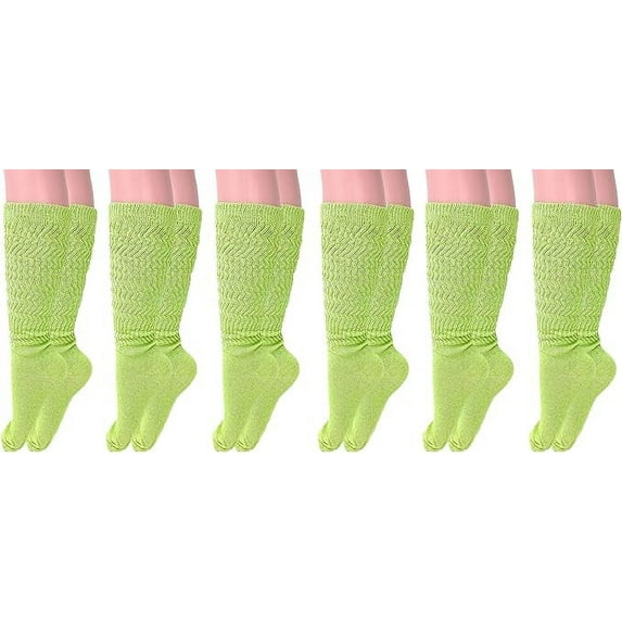 Long Cotton Lightweight Slouch Socks for Women Shoe Size 5 to 10 6 Pairs (Lemon Green)