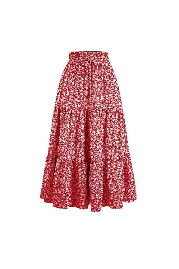 Long Cotton Maxi Skirts for Women Stretchy Drawstring Tiered Ruffle Smocked Elastic Mid-Length Skirts Floral Bohemian Adjustable High Waisted Renaissance Skirts Red S