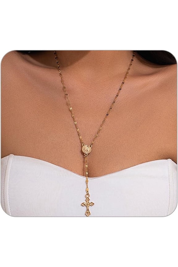Long Cross Necklace,Gold Virgin Mary Rosary Necklace for Women,Religious Catholic Pendant Y Necklaces Jewelry Gift