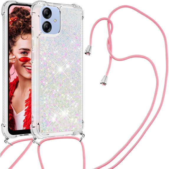 Long Crossbody Lanyard Clear Case for Samsung Galaxy A04E with Adjustable Neck Strap, Glitter Sparkly Bling Quicksand Phone Cover Cases for Samsung Galaxy A03 / A04E / M04 /F04 QKG Colorful