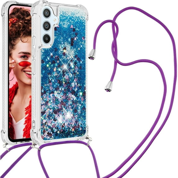 Long Crossbody Lanyard Clear Case for Samsung Galaxy A14 with Adjustable Neck Strap, Glitter Sparkly Bling Quicksand Phone Cover Cases for Samsung Galaxy A14 4G/ 5G QKG Blue