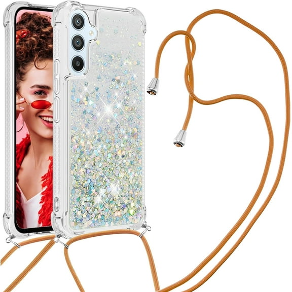 Long Crossbody Lanyard Clear Case for Samsung Galaxy A24 4G with Adjustable Neck Strap, Glitter Sparkly Bling Quicksand Phone Cover Cases for Samsung Galaxy A24 4G QKG Silver