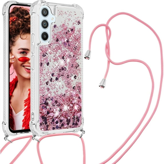 Long Crossbody Lanyard Clear Case for Samsung Galaxy A54 5G with Adjustable Neck Strap, Glitter Sparkly Bling Quicksand Phone Cover Cases for Samsung Galaxy A54 5G QKG Rose Gold