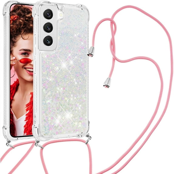 Long Crossbody Lanyard Clear Case for Samsung Galaxy S23+ Plus with Adjustable Neck Strap, Glitter Sparkly Bling Quicksand Phone Cover Cases for Samsung Galaxy S23 Plus Rose Gold QKG Colorful