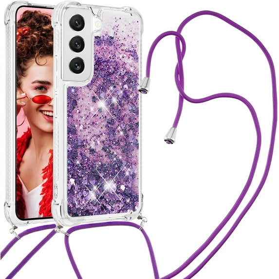 Long Crossbody Lanyard Clear Case for Samsung Galaxy S23+ Plus with Adjustable Neck Strap, Glitter Sparkly Bling Quicksand Phone Cover Cases for Samsung Galaxy S23 Plus Rose Gold QKG Purple