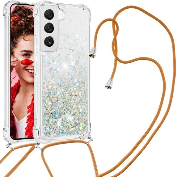 Long Crossbody Lanyard Clear Case for Samsung Galaxy S23+ Plus with Adjustable Neck Strap, Glitter Sparkly Bling Quicksand Phone Cover Cases for Samsung Galaxy S23 Plus Rose Gold QKG Silver