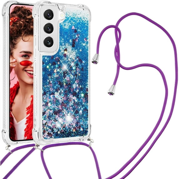Long Crossbody Lanyard Clear Case for Samsung Galaxy S23+ Plus with Adjustable Neck Strap, Glitter Sparkly Bling Quicksand Phone Cover Cases for Samsung Galaxy S23 Plus Rose Gold QKG Blue