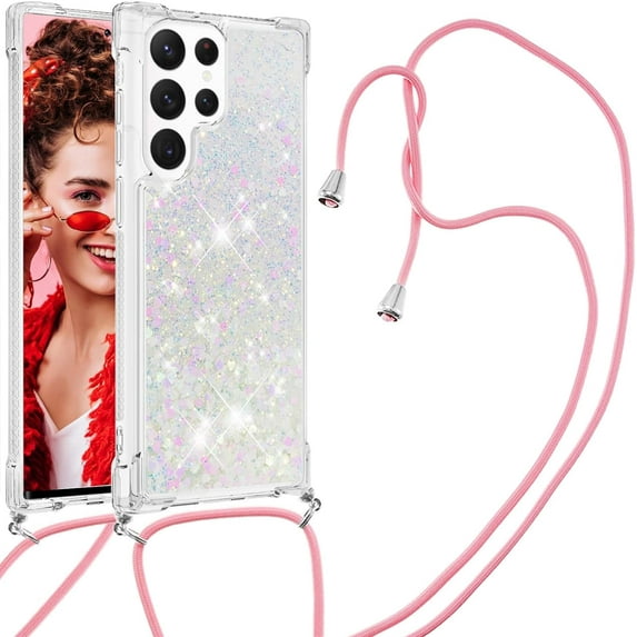 Long Crossbody Lanyard Clear Case for Samsung Galaxy S23 Ultra (Not S23) with Adjustable Neck Strap, Glitter Sparkly Bling Quicksand Phone Cover Cases for Samsung S23 Ultra QKG Colorful