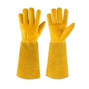 AIWOGLO Women's Long Leather Gardening Gloves, Floral Cowhide Thorn Proof Garden Gloves with Extended Gauntlet Cuff for Yard Work Rose Pruning