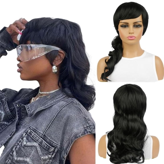 Long Curly Black Mullet Wig for Men Women with Headband  Natural Synthetic Hair Wig with Versatile Bangs for Daily Wear Cosplay Party