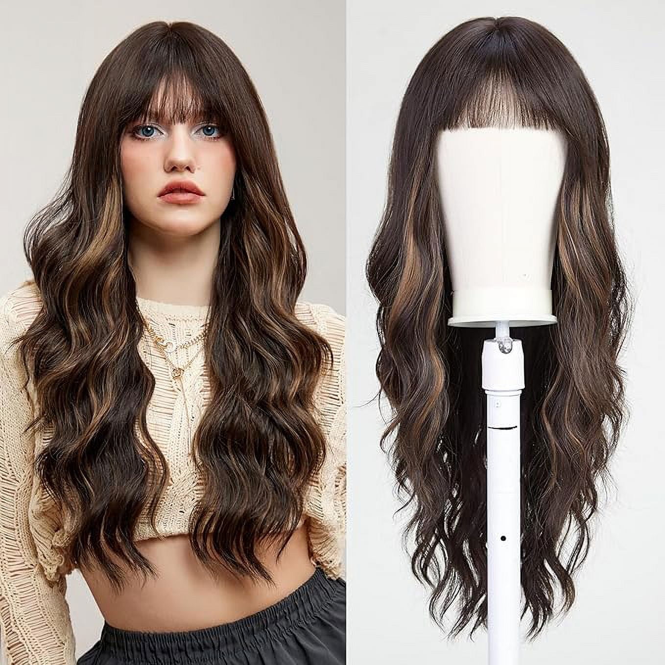 Long Curly Brown Highlight Wigs With Bangs Wig for Women Synthetic Hair Wig for Party Cosplay Daily Use -26 inches