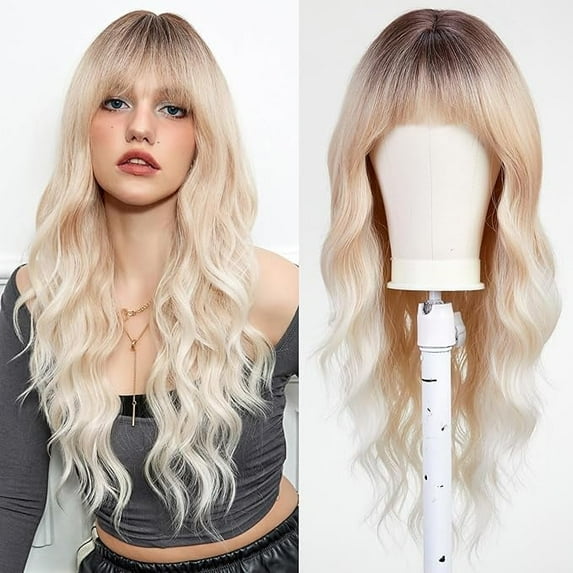 Long Curly Ombre Blonde Wigs With Bangs Wig for Women Synthetic Hair Wig for Party Cosplay Daily Use -26 inches(Beige Wig)