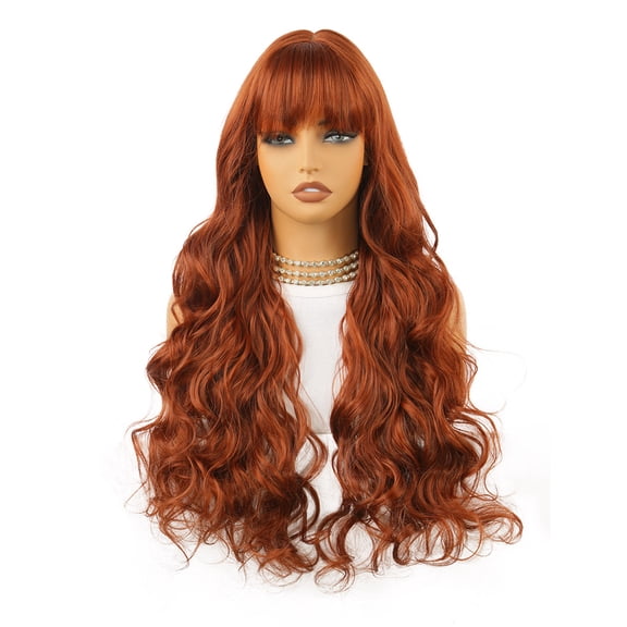 Long Curly Reddish Brown Wig with Full Bangs for Women - High-Temperature Fiber Daily Wear