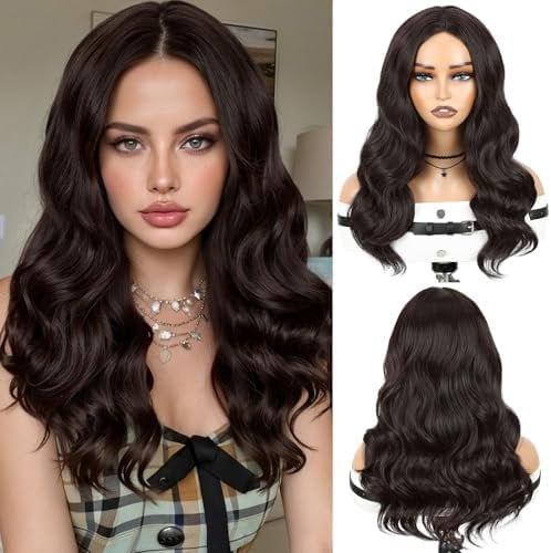 Long Curly Wavy Wig for Women Pre Cut Simulated Lace Wavy Wigs Dark Brown Glueless Loose Wave Wigs 18 Inch  Looking Synthetic Wig for Daily Party Use