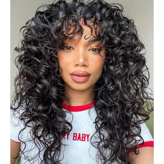 Long Curly Wig with Bangs for Women, Daily Wear, Party and Costume Styling, Synthetic Fiber Construction, Curly Texture, for personal styling during daily wear and party and costume styling,Black