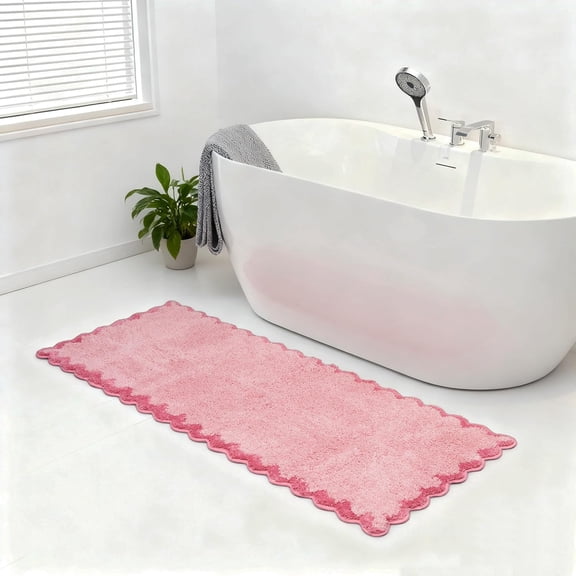 Long Cute Scalloped Bathroom Rugs Runner, Fun CandyPink Plush Microfiber Scallop Bath Mats Non Slip Washable Quick Dry Absorbent, Rug Carpet for Bathtub Sink Laundry Room Bedroom, 24x59