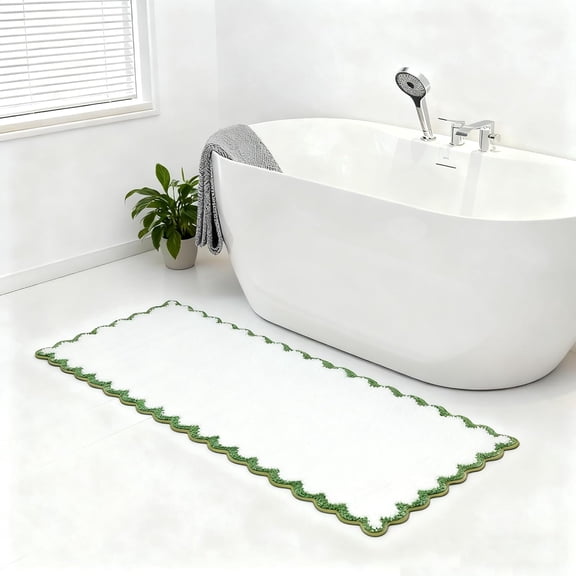 Long Cute Scalloped Bathroom Rugs Runner, Fun Green Plush Microfiber Scallop Bath Mats Non Slip Washable Quick Dry Absorbent, Rug Carpet for Bathtub Sink Laundry Room Bedroom, 24x59