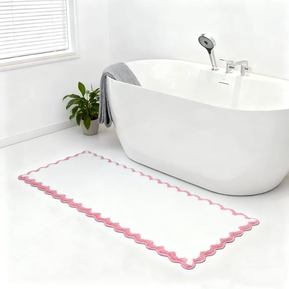 Long Cute Scalloped Bathroom Rugs Runner, Fun Pink Plush Microfiber Scallop Bath Mats Non Slip Washable Quick Dry Absorbent, Rug Carpet for Bathtub Sink Laundry Room Bedroom, 24x59