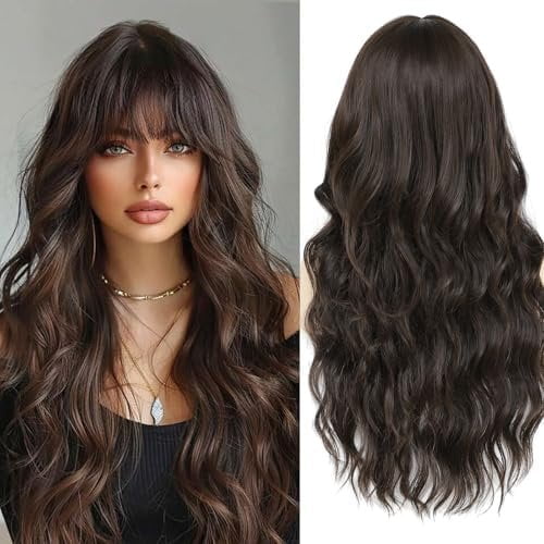-Long Dark Brown Wig with Bangs for Women 26" Long Wave Wig for Women Dark Brown Curly Hair Brunette Wig with Bangs Middle Part Hair Replacement Wig Synthetic Heat Resistant Fiber