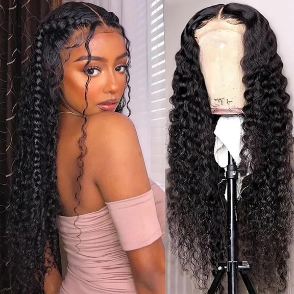 Long Deep Wave Lace Front Wigs Pre Plucked Glueless Wigs 28 Inch Synthetic Artificial Natural Density Brazilian Wet and Wavy Frontal Wigs Glueless Curly Wigs Natural Hairline Hair for Black Women
