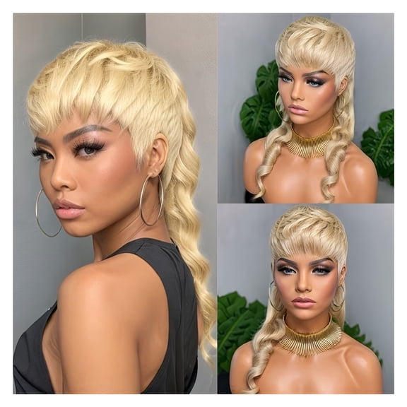 Long Deep Wavy Synthetic Hair Wig with Bangs for Women - Light Blonde Half-Tied Style