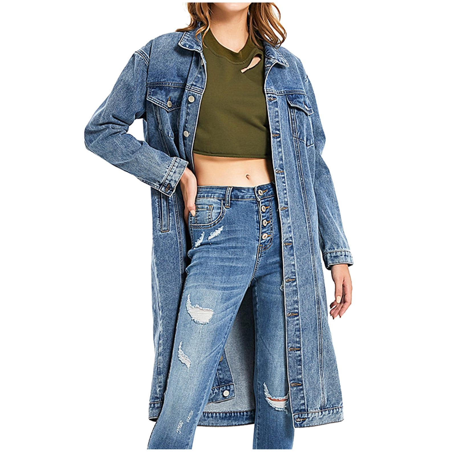 Long Denim Jackets for Women Fashion Ripped Distressed Mid Length Boyfriend Jean Jacket Cardigans Long Sleeve S 3XL 3X Large Blue