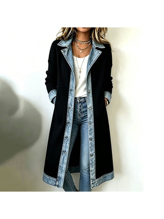 Long Denim Patchwork Cardigans for Women Ribbed Knit Open Front Jacket Lapel Collar Long Sleeve Color Block Sweater Coat with Pockets Black M