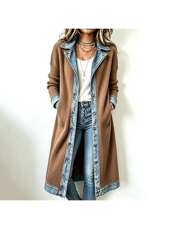 Long Denim Patchwork Cardigans for Women Ribbed Knit Open Front Jacket Lapel Collar Long Sleeve Color Block Sweater Coat with Pockets Brown L