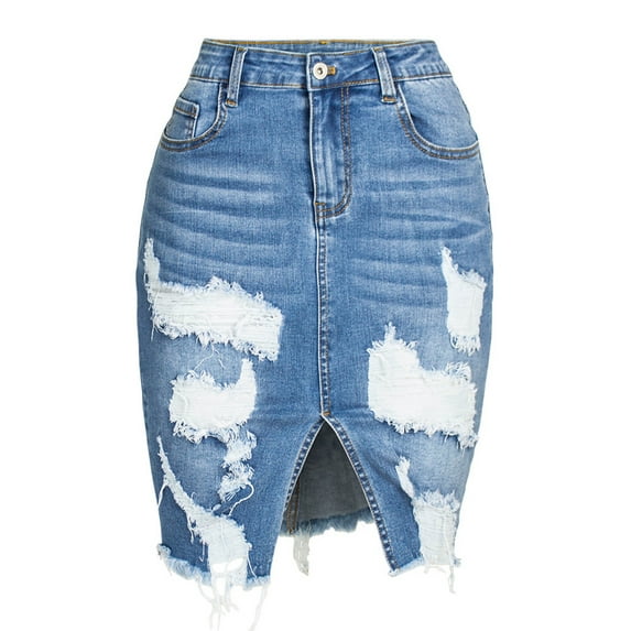 Long Denim Skirt Women's Stretchy High Waist Denim Skirt Butt-Lifting Bodycon Ripped Denim Pencil Skirt Split Short Skirt Women's Skirts Light Blue L