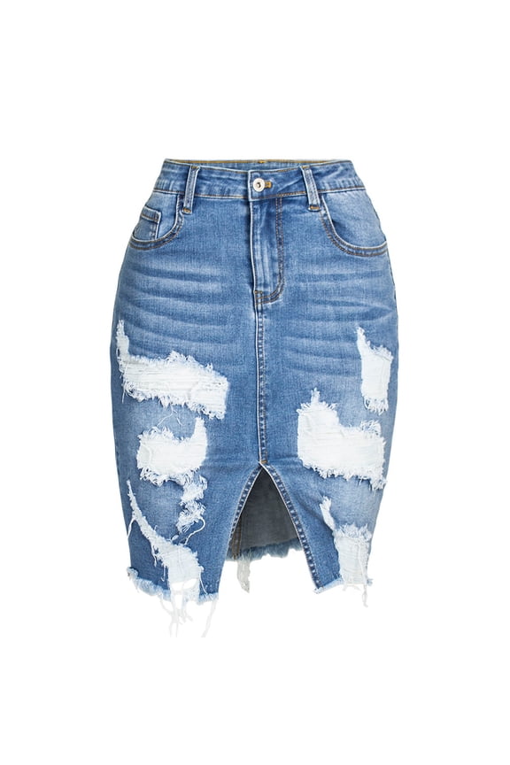 Long Denim Skirt Women's Stretchy High Waist Denim Skirt Butt-Lifting Bodycon Ripped Denim Pencil Skirt Split Short Skirt Women's Skirts Light Blue L