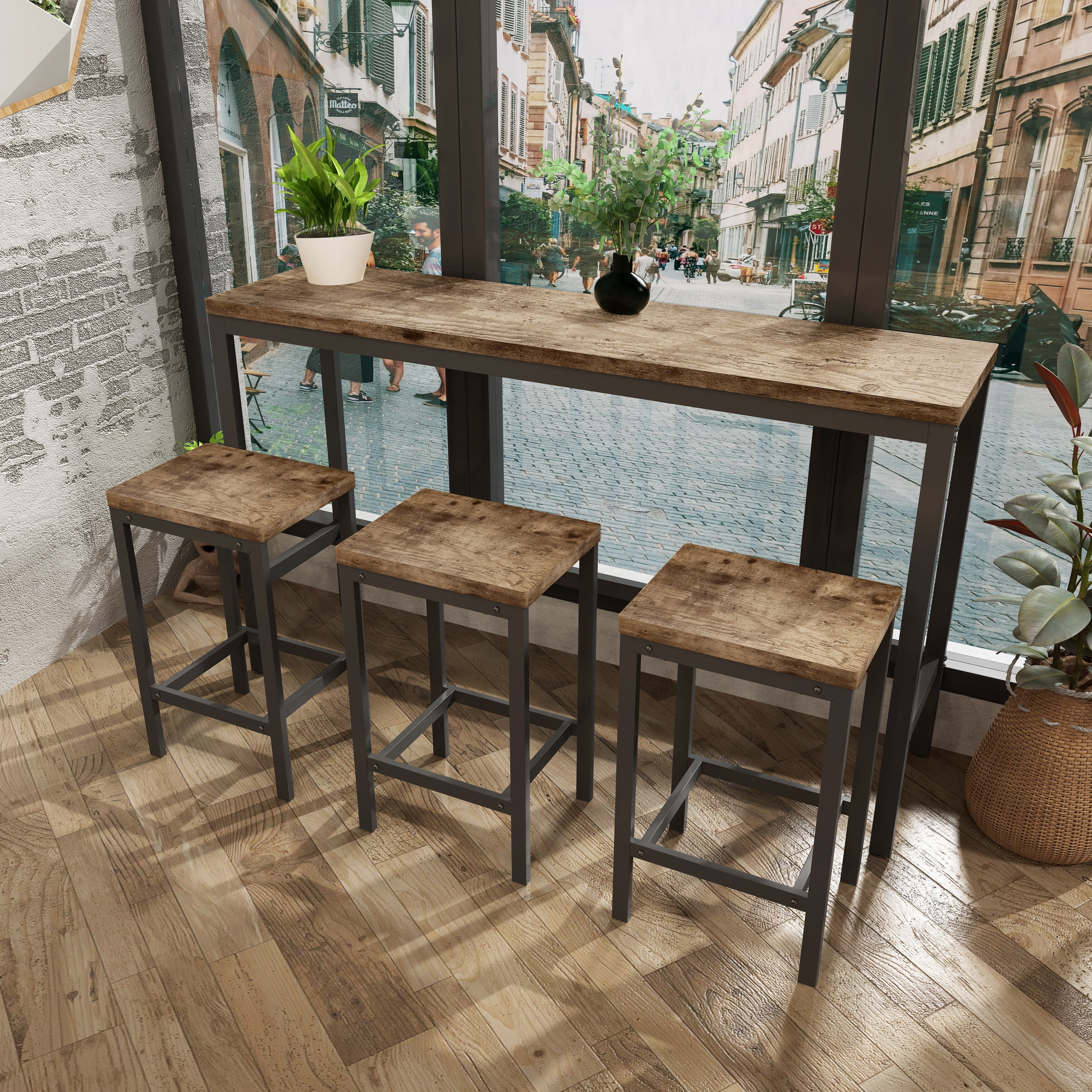 Long Dining Table Set with 3 Stools