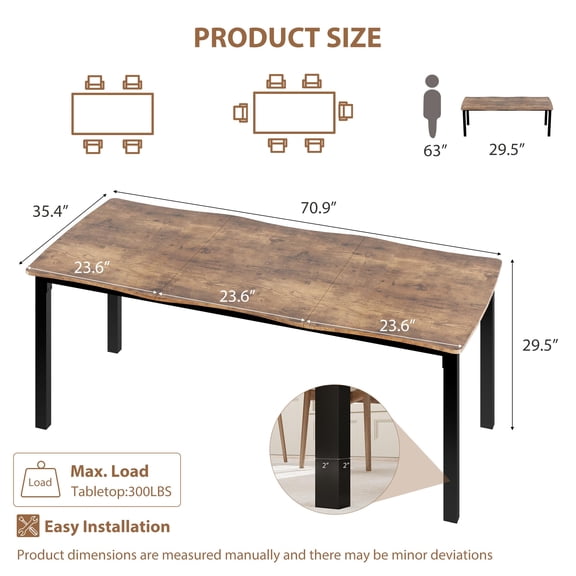 Long Dining Table for 6-8 People, 70.9" Retro Kitchen Table with Waterproof Top, Sturdy Metal Frame, retro