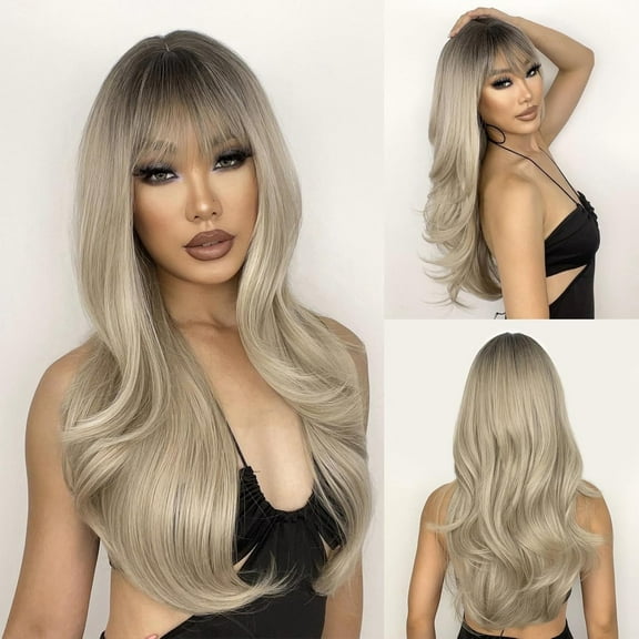 Long Dirty Blonde Layered Wig with Bangs and Ombre Blonde Roots - Heat Resistant Synthetic Wig for Daily Party Use - 24''