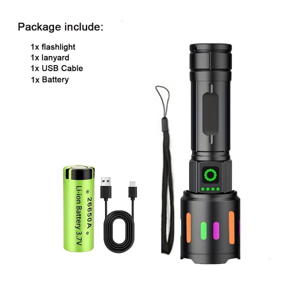 Long Distance Super Bright Laser LED Flashlight, High Power Zoomable Torch with Fluorescent Strip, USB Rechargeable 3000mAh Battery, for Outdoor Camping Hiking Fishing Adventure