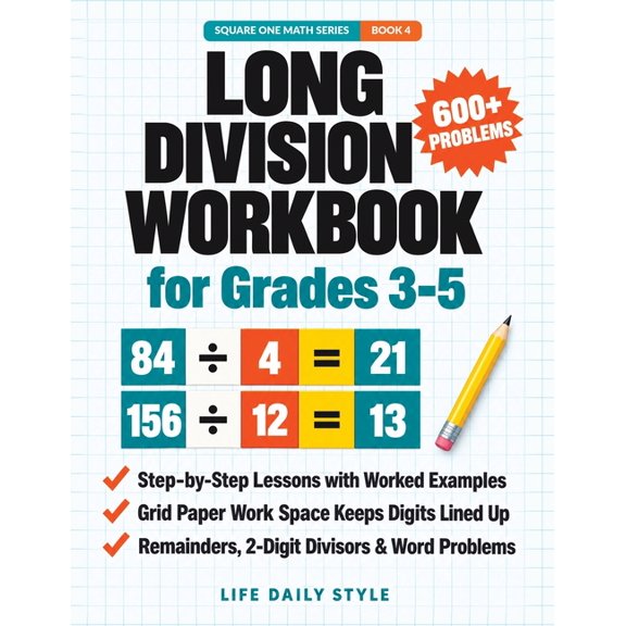 Long Division Workbook for Grades 3-5: Step-by-Step Practice with Division Facts, Remainders, 2-Digit Divisors and Word , (Paperback)