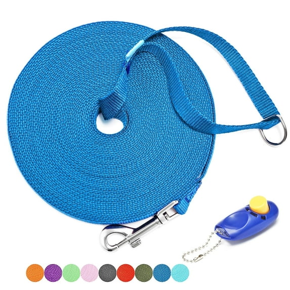 Long Dog Leash with Recall Clickers for Small, Medium and Large Dogs or Cats Training, Walking, Camping (15 Feet, Blue)