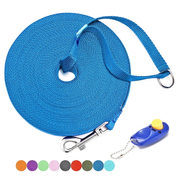 Long Dog Leash with Recall Clickers for Small, Medium and Large Dogs or Cats Training, Walking, Camping (20 Feet, Blue)