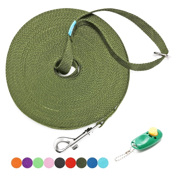 Long Dog Leash with Recall Clickers for Small, Medium and Large Dogs or Cats Training, Walking, Camping (20 Feet, DarkGreen)