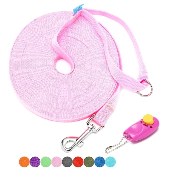 Long Dog Leash with Recall Clickers for Small, Medium and Large Dogs or Cats Training, Walking, Camping (50 Feet, Pink)