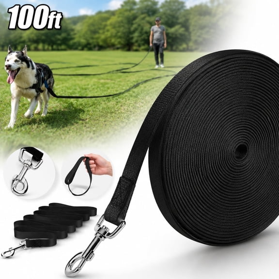 Long Dog Training Lead Nylon Check Cord, 15100 ft Recall & Obedience Leash for Puppies & Dogs, Camping, Backyard & Outdoor Training, Black