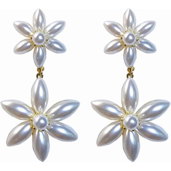 Long Double Shell Pearl Flowers Drop Dangle Earrings for Women Gold-Toned Pearls Flower Petal Tassel Dangling Statement Stud Earring Boho Dainty Floral Wedding Jewelry