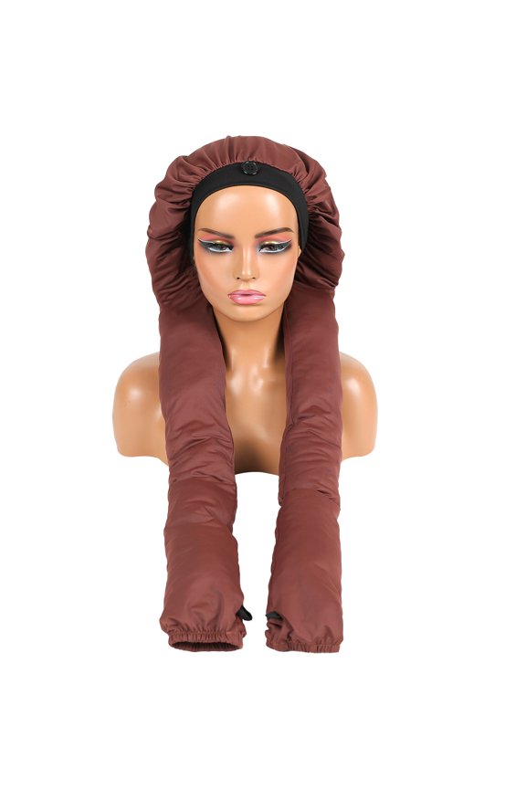 Long Drawstring End Hair Bonnet with Top Button, Curly Hair Protection Sleeping Cap-Coffee color