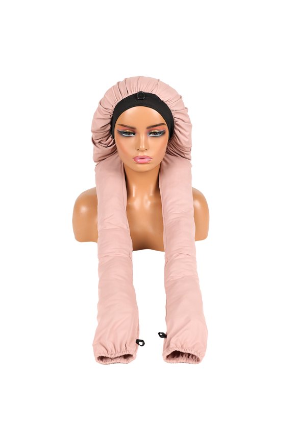 Long Drawstring End Hair Bonnet with Top Button, Curly Hair Protection Sleeping Cap-Skin pink