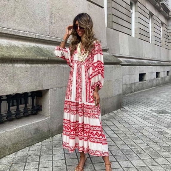 Long Dress V-Neck For Women,Skirt Summer Women'S Holiday Style Dress Geometric Collage Puff Sleeves Street Fried Street Plus Size Skirt