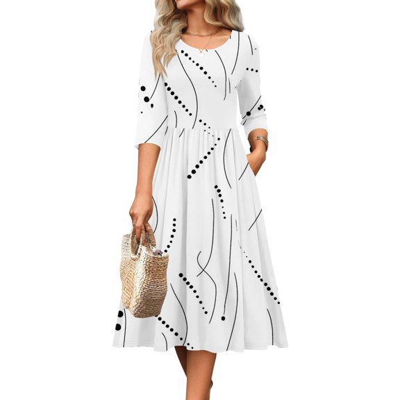 Long Dress Women Polka Dots Long Sleeve Crew Neck Maxi Flowy Dress with Pocket Maxi Long Sleeve Dress, 5-White L
